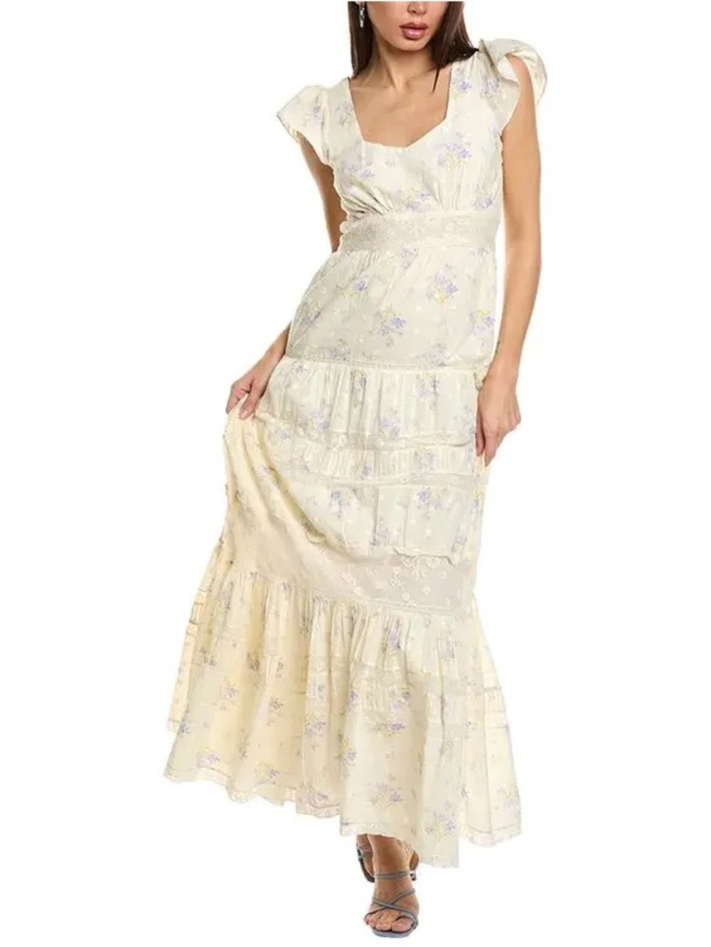 LoveShackFancy Pale Yellow Floral Maxi Dress with Lavender Print